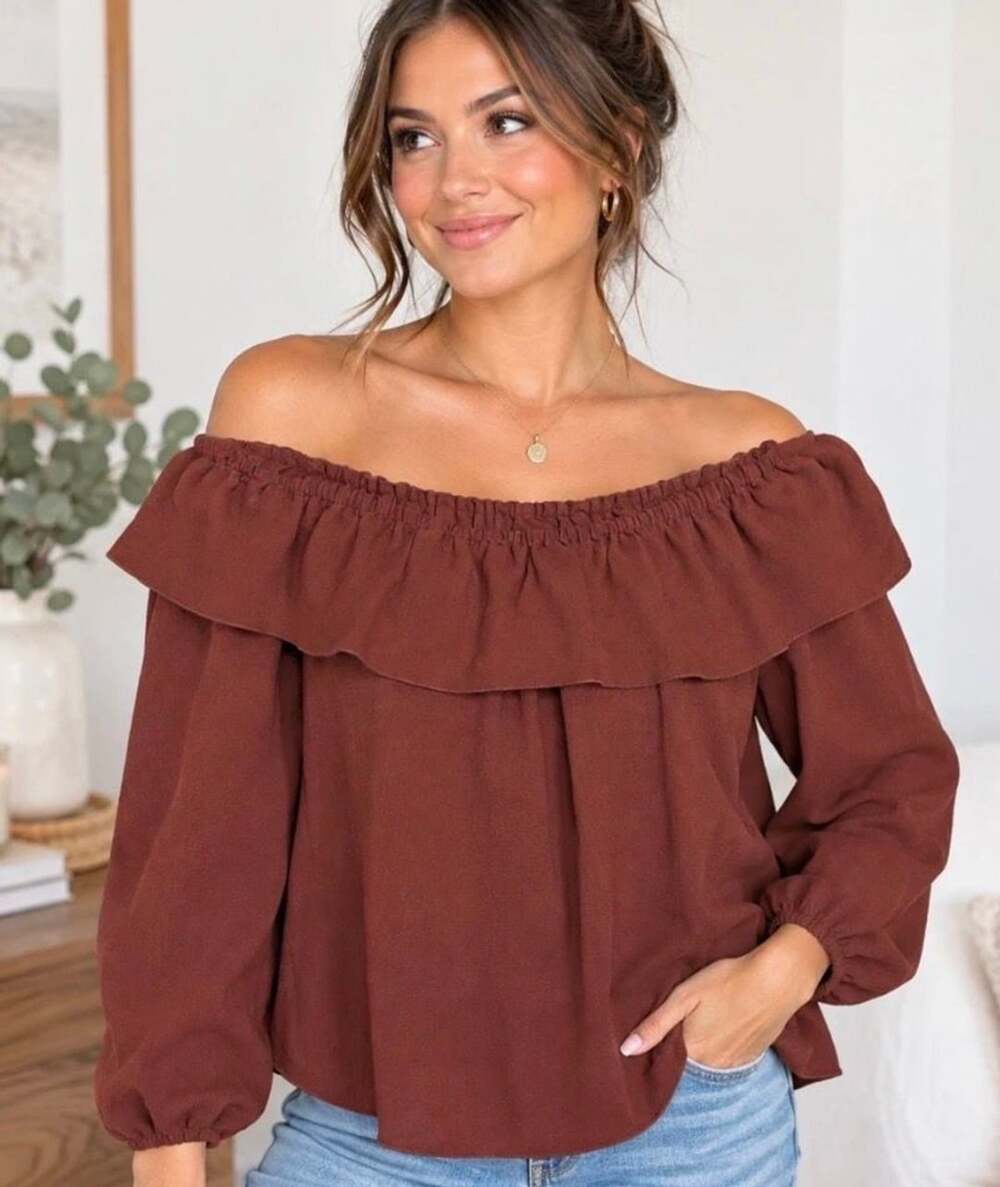 Wilfred Off Shoulder Ruffle Blouse Size XS Brown Long Sleeve